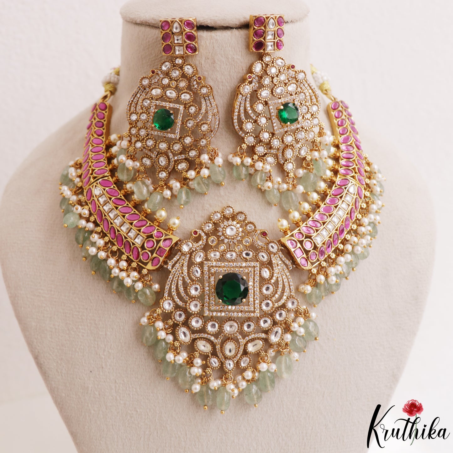 Gorgeous Geometric Peacock Motifs Polki Kemp Choker With Green Bead Drops NC3157