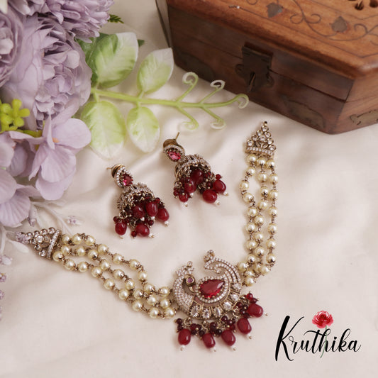 Beautiful Triple Strand Pearl Peacock Pendant Choker With Bead Drops NC2565 (Available in 3 Colours)