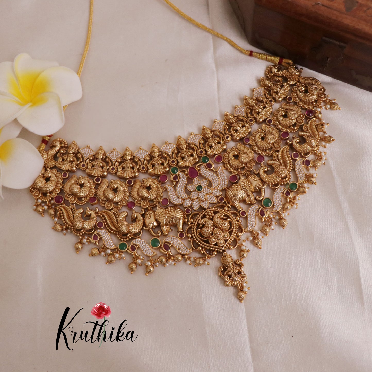 Premium Lakshmi peacock choker with golden beads NC1955