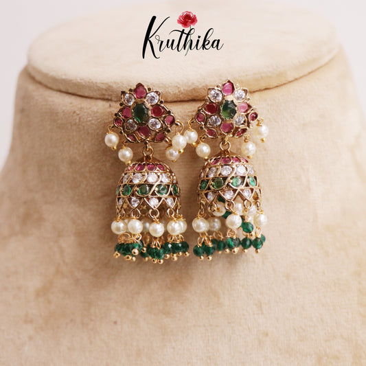 Simple Antique Finish Kemp Floral Jhumkas with Beads Drops E635 (Available in 2 Colors)