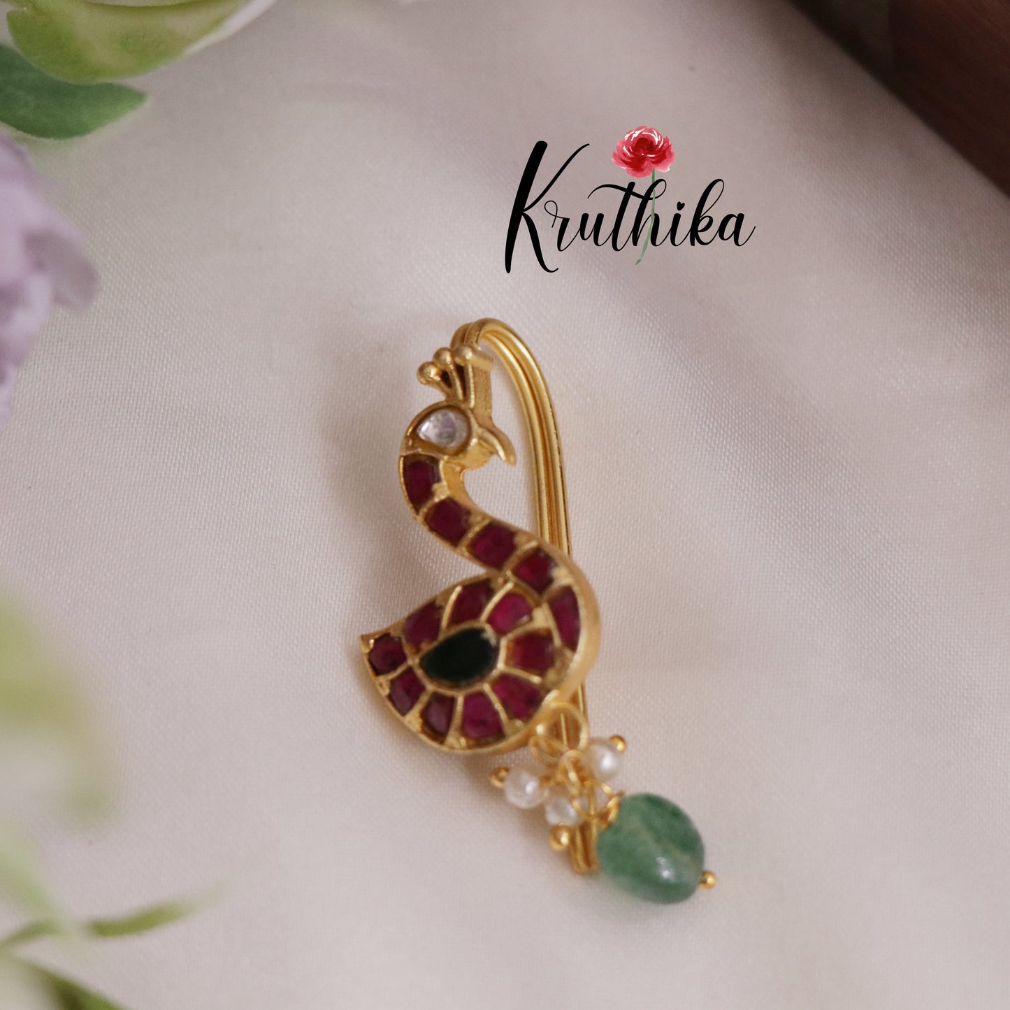Simple Trendy Peacock Kundan Jadau Jada Billa with Green Beads Drops J236