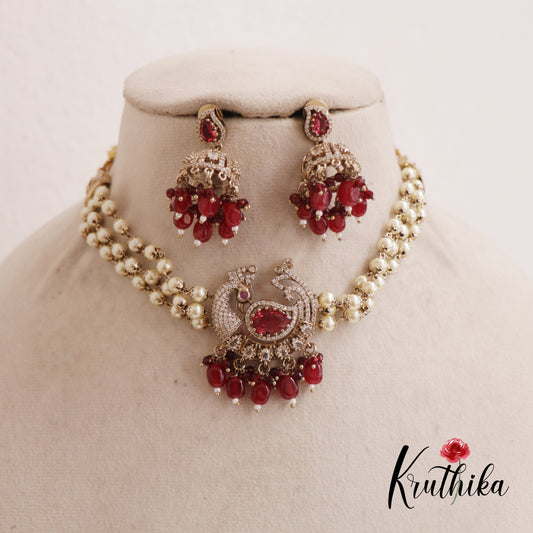 Beautiful Triple Strand Pearl Peacock Pendant Choker With Bead Drops NC2565 (Available in 3 Colours)