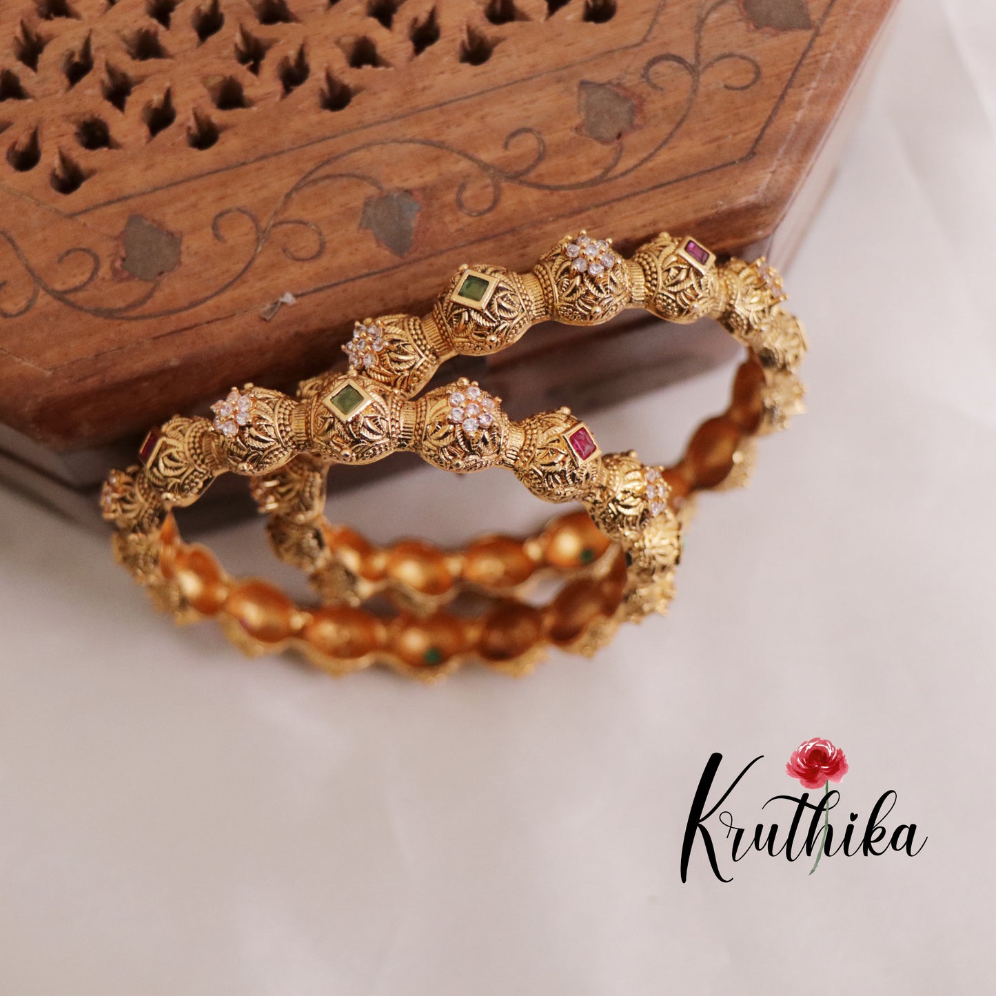 Beautiful Antique AD Floral Bangles B379 (Set Of 2)