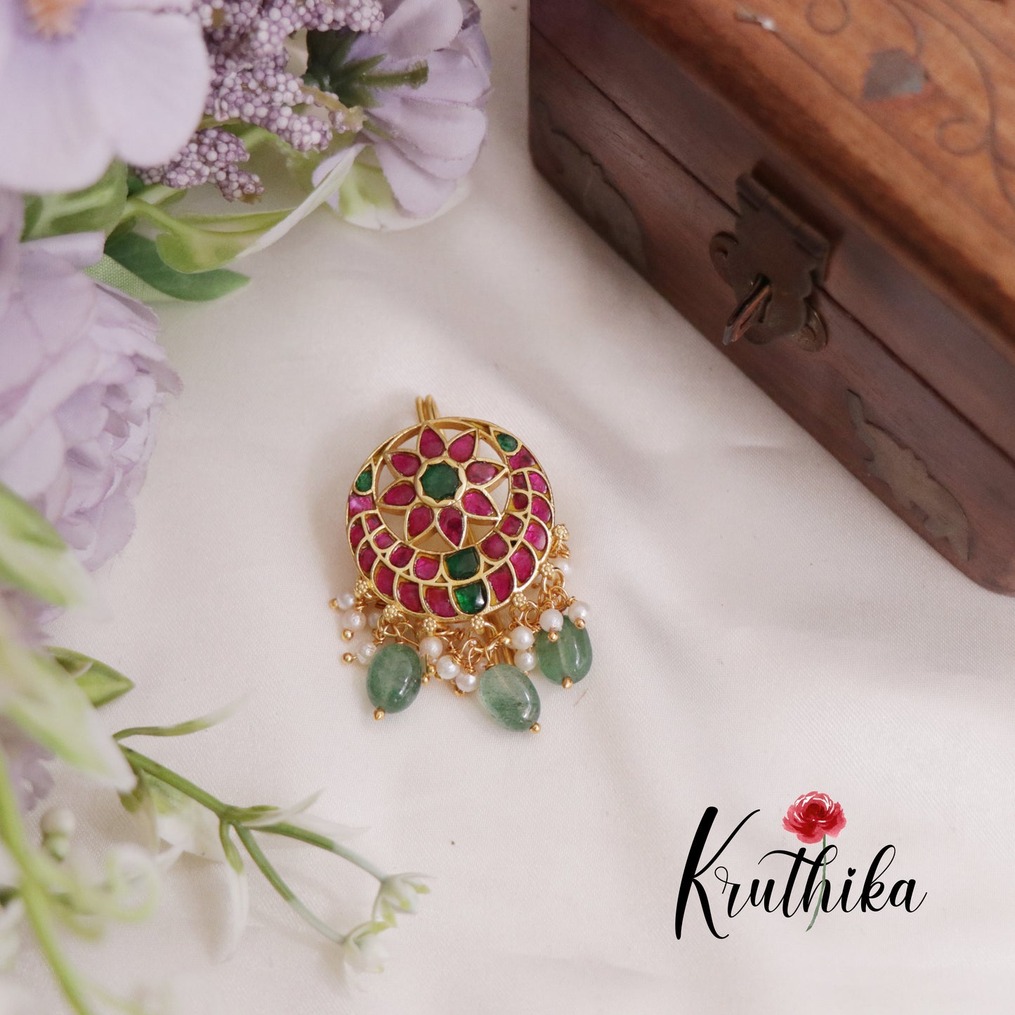 Beautiful Floral Chandbali Kundan Jadau Jada Billa with Green Drops J237