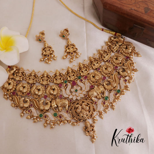 Premium Lakshmi peacock choker with golden beads NC1955