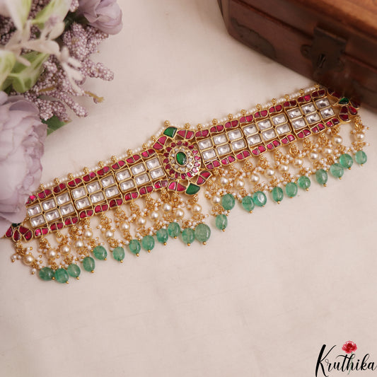 Stunning Floral Geometric Motif Jadau Choker With Pearl Bead Drops NC3009 (Available In 2 Colors)