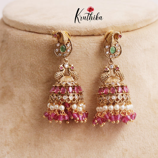 Simple Kemp Peacock Jhumka with Beads Drops E633 (Available in 3 Colors)