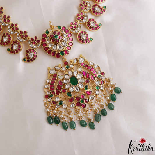 Stunning Mango Floral Motifs Jadau Haaram With Green Bead Drops LH2148