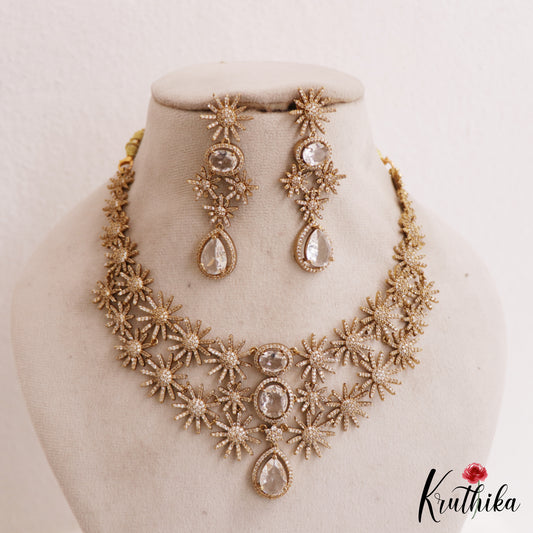 Beautiful Floral Motifs Diamond-Finish Gold-Tone AD Necklace NC2779 (Available In 2 Colors)
