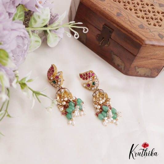 Gorgeous Peacock Jhumka Jadau Earrings With Bead And Pearl Drops E842