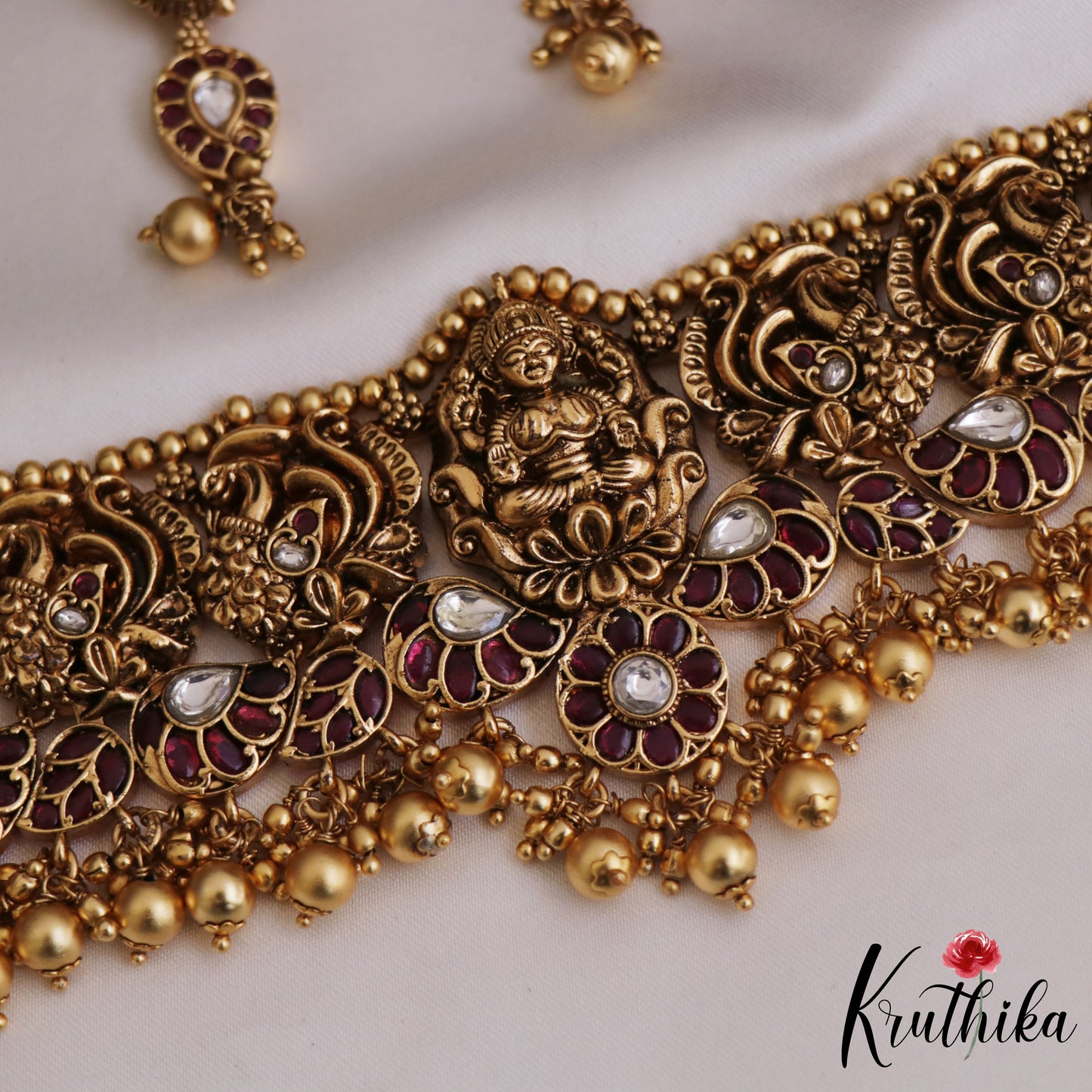 Gorgeous Antique Nagas Lakshmi Peacock Motifs Kemp Choker With Bead Drops NC2709 (Available In 2 Colors)