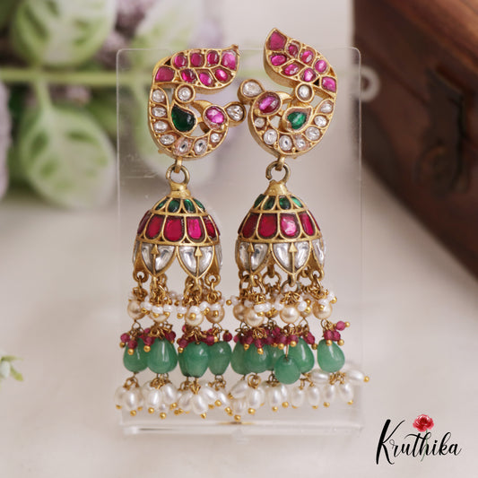 Gorgeous Peacock Jhumka Jadau Earrings With Bead And Pearl Drops E842