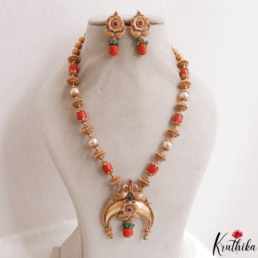 Classic Antique Peacock Motifs Coral Pearl Mala NC3121