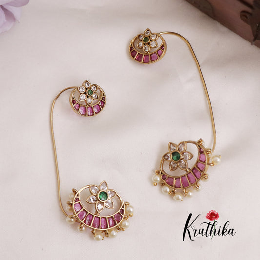 Beautiful Kemp Floral Chandbali Earcuff with Pearl Drop E688