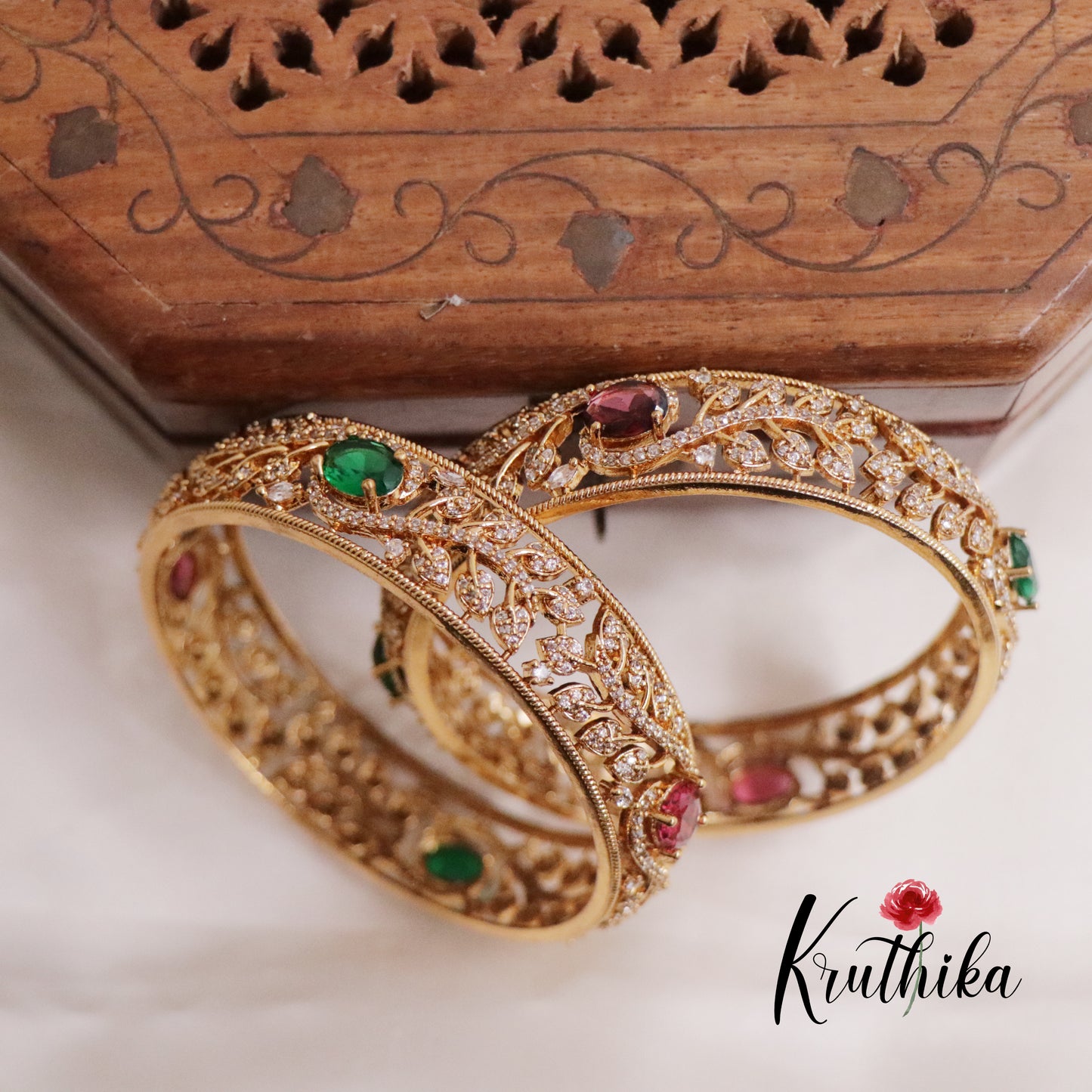 Beautiful CZ Sparkling Leaf Design Bangles B243 (Set of 2 Bangles)