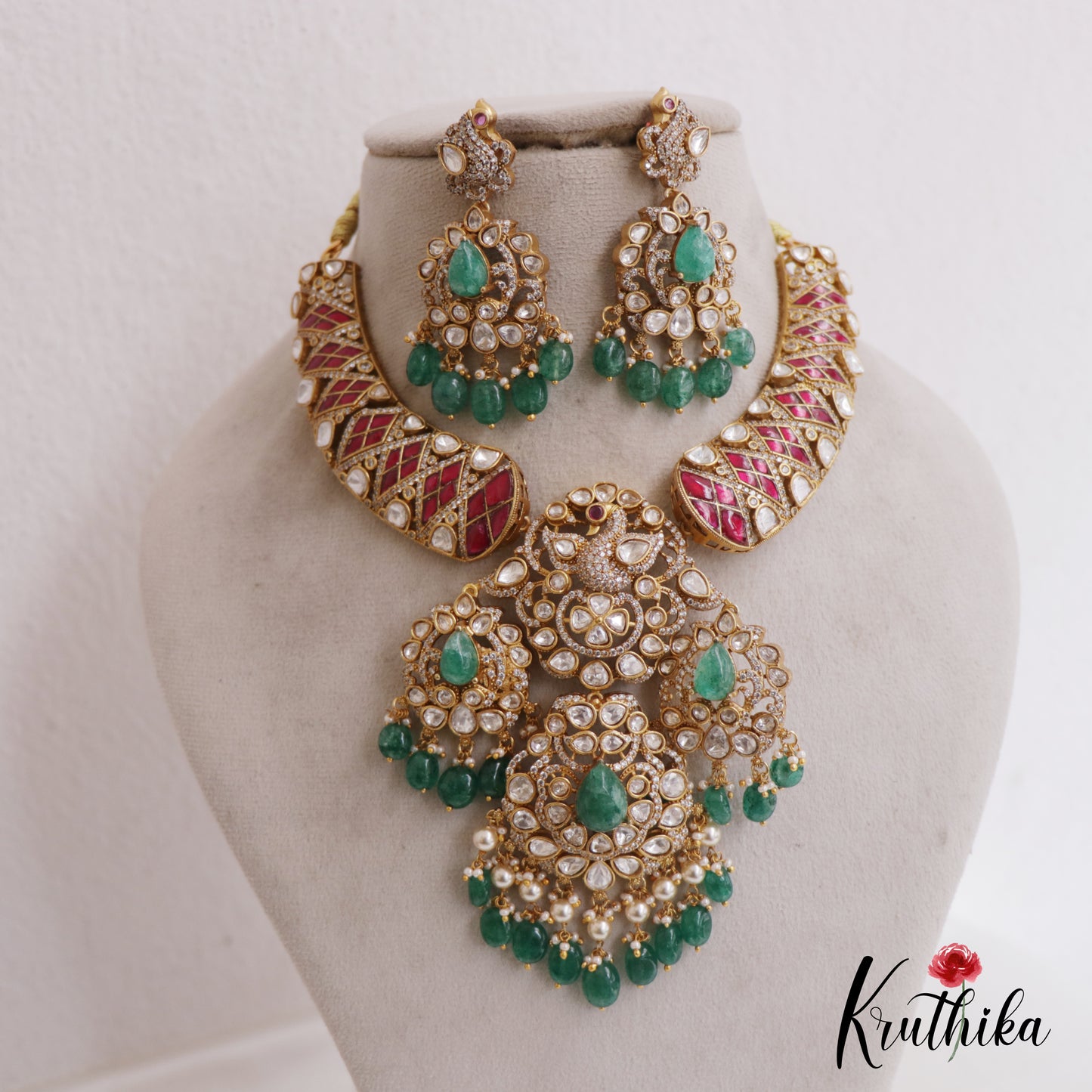 Premium Teardrop Motifs Moissanite Jadau Necklace With Green Bead Drops NC2729