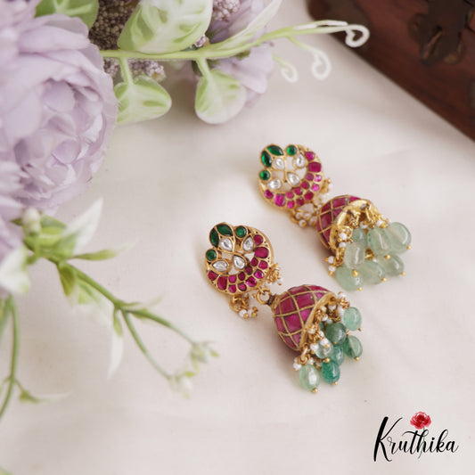 Premium Teardrop Jhumka Jadau Earrings With Pearl And Bead Drops E840