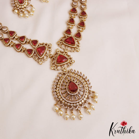 Stunning Geometric Motifs AD Victorian Necklace With Pearl Drops NC2772 (Available In 2 Colors)