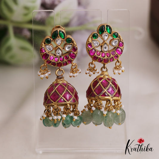 Premium Teardrop Jhumka Jadau Earrings With Pearl And Bead Drops E840