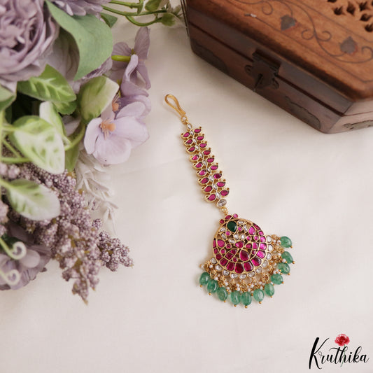 Gorgeous Jadau Maang Tika With Green Bead Drops MT417