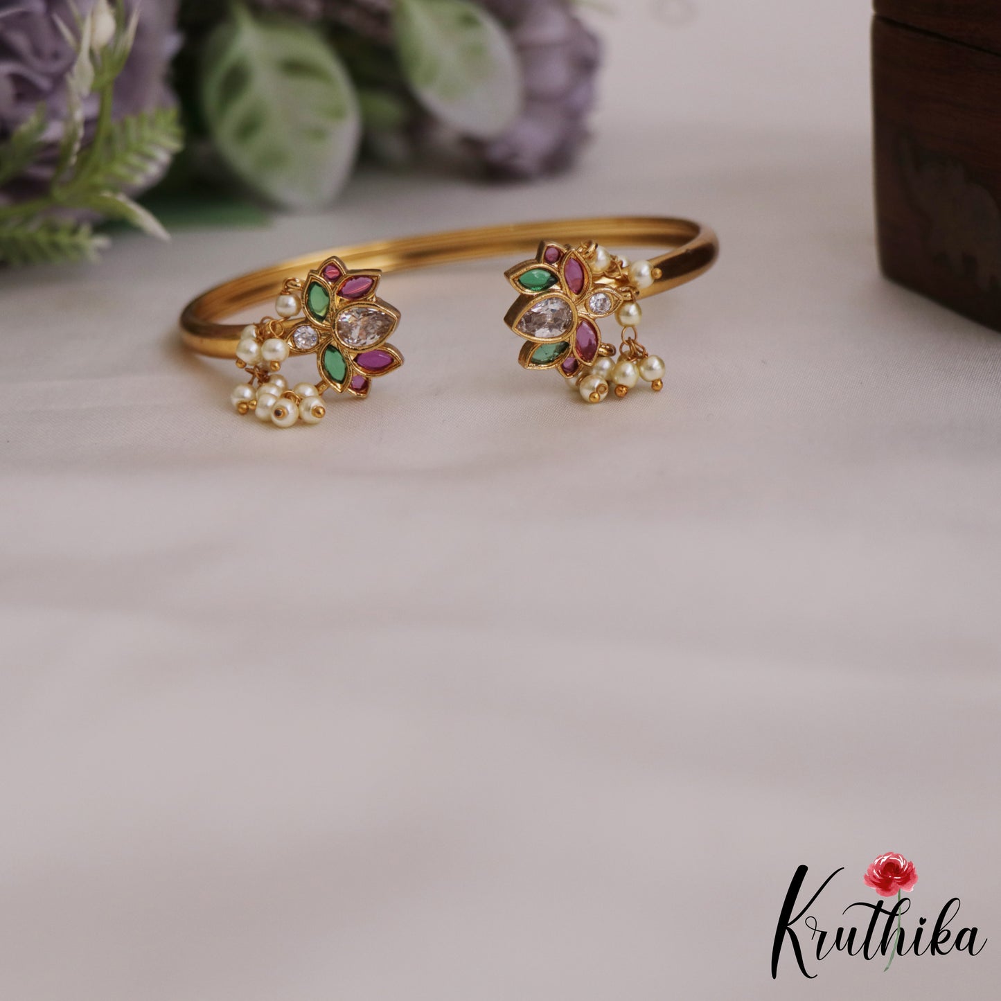 Beautiful Lotus Pearl Drops Openable Kada B300 (Available In 3 Colors)