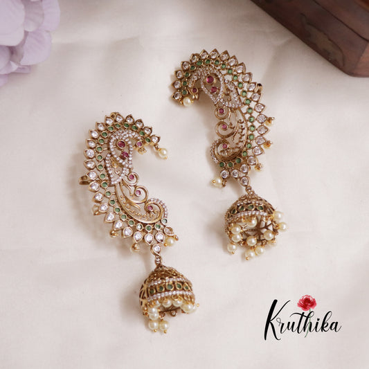 Simple AD Peacock Ear Cuff with Jhumka Drops E674 (Available in 2 Colors)