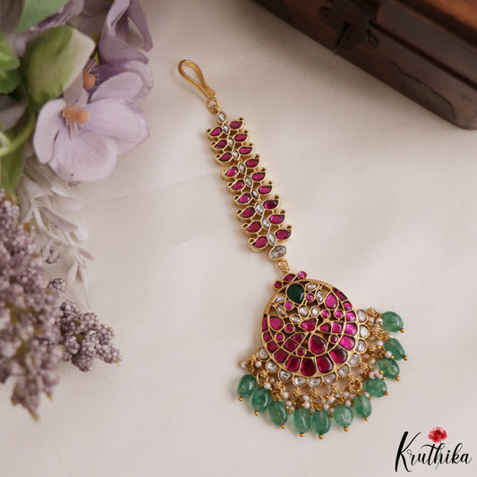 Gorgeous Jadau Maang Tika With Green Bead Drops MT417