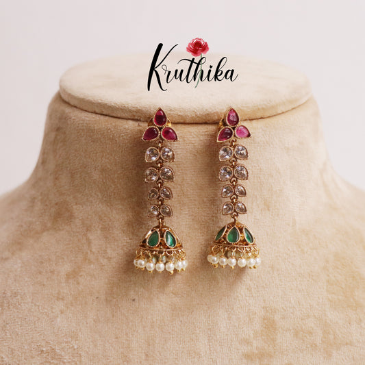 Beautiful Kemp Leaf Chain Jhumka with Pearl Drop E629 (Available in 2 Colours)