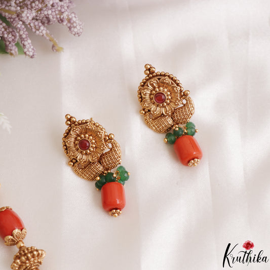 Classic Antique Peacock Motifs Coral Pearl Mala NC3121