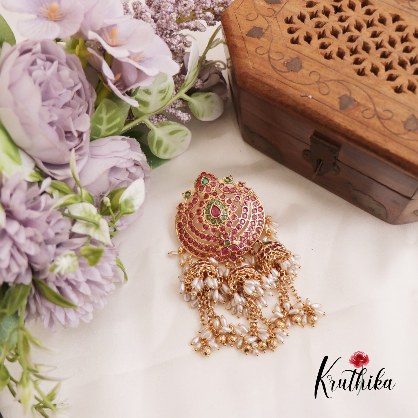 Gorgeous Teardrop Peacock Motifs Jhumka Jadau Jada Billa With Rice Pearl Drops J321