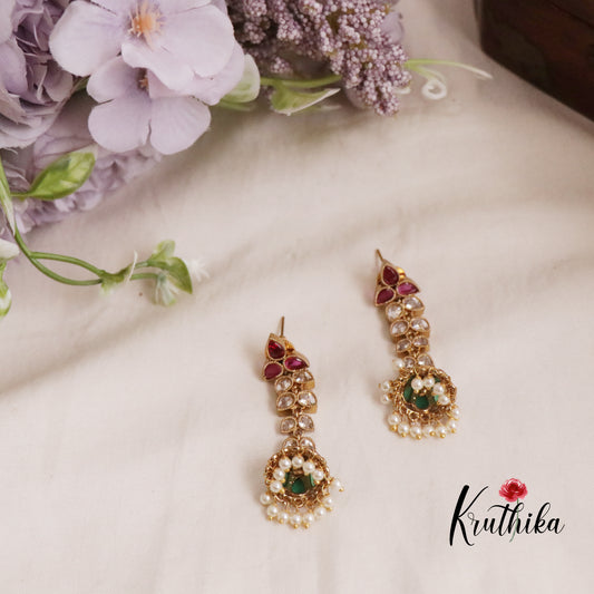 Beautiful Kemp Leaf Chain Jhumka with Pearl Drop E629 (Available in 2 Colours)