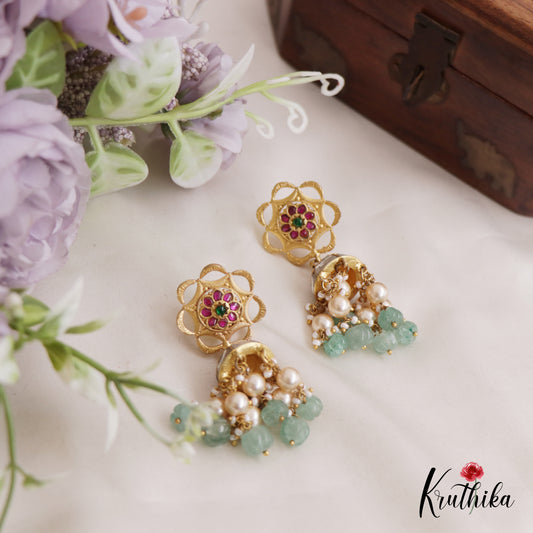 Beautiful Floral Jhumka Jadau Earrings With Pearl And Bead Drops E841