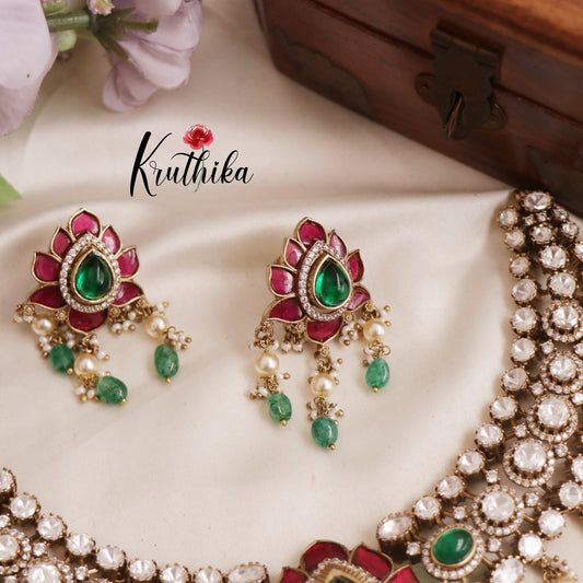 Stunning Jadau Lotus Motifs With Bead And Pearl Drops Necklace NC2557