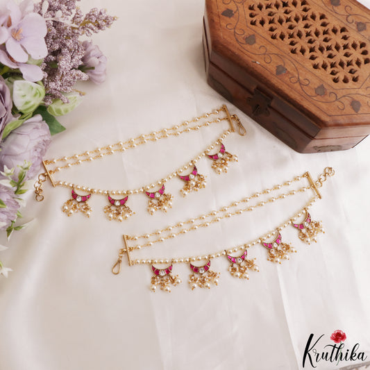 Classic Half Moon Motifs Multi Pearl Strand Jadau Earchains With Pearl Drops EC229 (Available In 2 Colors)