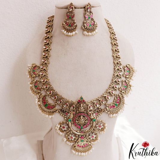 Classic Antique Nagas Lakshmi Peacock Motifs Jadau Haaram With Pearl Drops LH2169