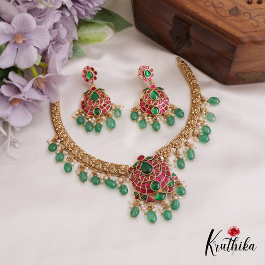 Elegant Antique Floral Motifs Jadau Necklace With Bead Drops NC2695 (Available In 2 Colors)