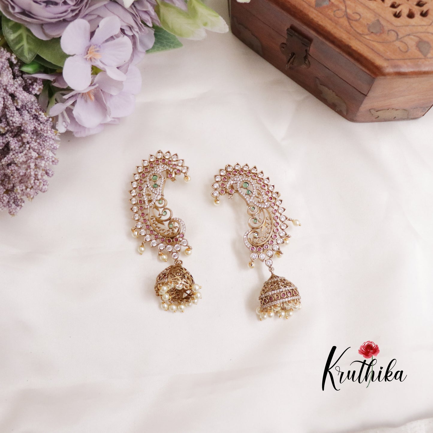 Simple AD Peacock Ear Cuff with Jhumka Drops E702 (Available in 2 Colors)