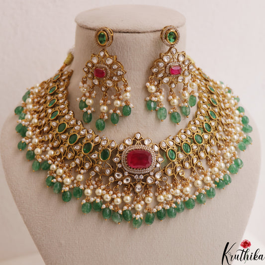 Premium Geometric Teardrop Motifs Jadau Choker With Green Bead Drops NC3011 (Available In 3 Colors)
