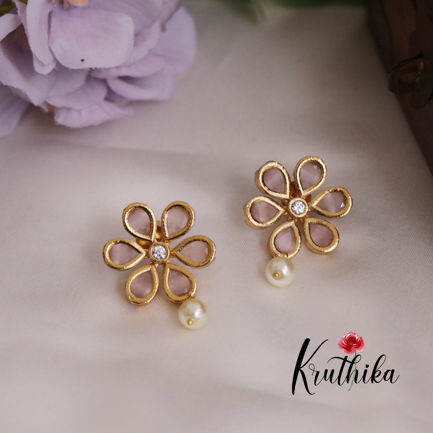 Beautiful Floral Ear Studs Pearl Drop E705 (Available in 5 Colours)