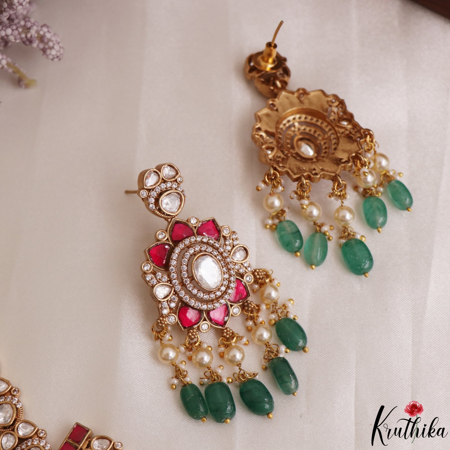 Gorgeous Floral Motifs Double Layered Moissanite Jadau Haaram With Green Bead Drops LH2149