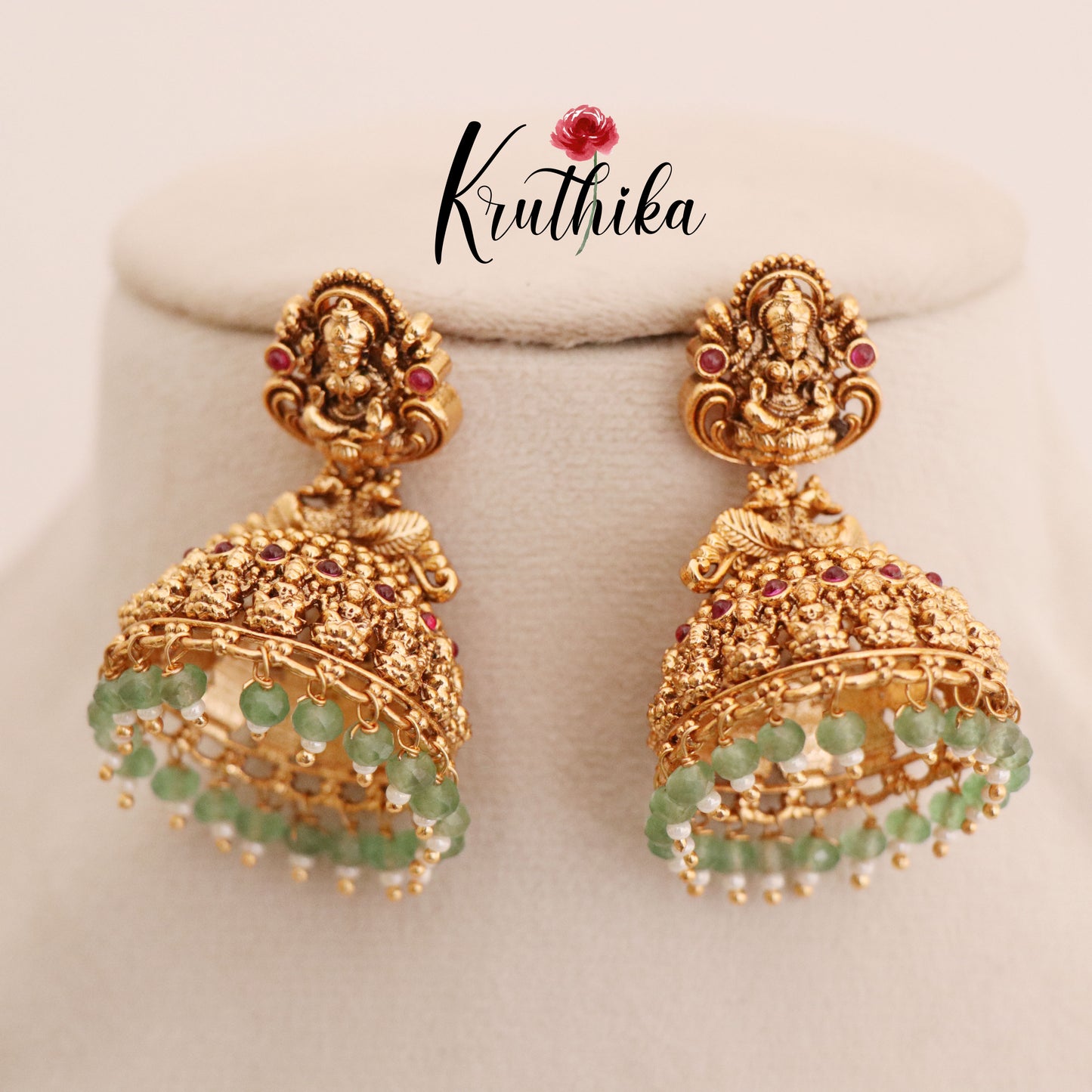 Premium Temple Jhumkas with pastel bead drops E489