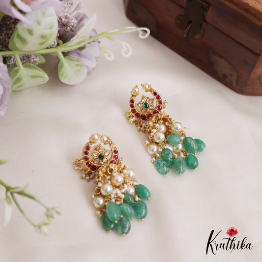 Stunning Floral Jhumka Jadau Earrings With Pearl And Bead Drops E844