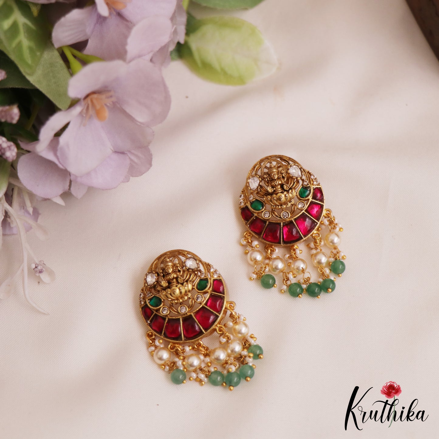 Classic Antique Lakshmi Motifs Kemp Stud Earrings With Green Bead Drops E1010