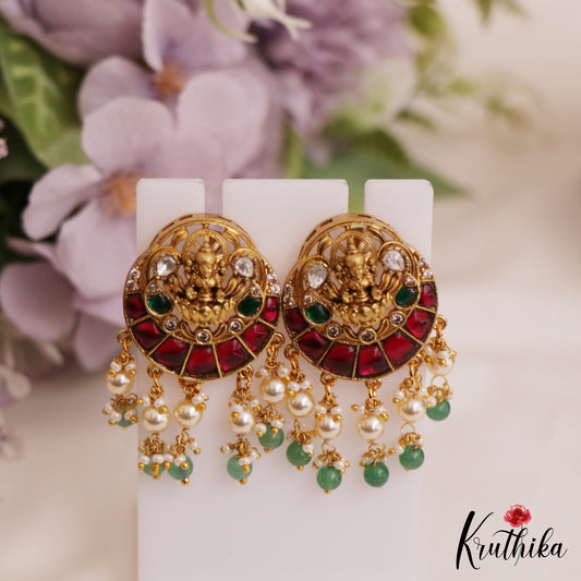 Classic Antique Lakshmi Motifs Kemp Stud Earrings With Green Bead Drops E1010