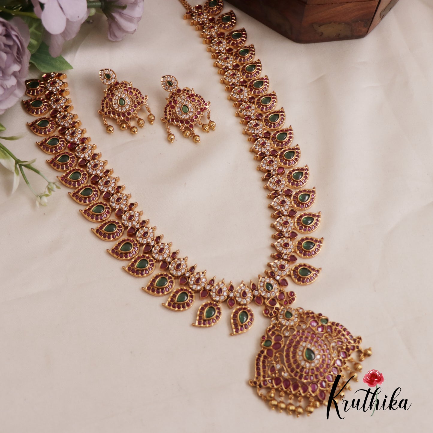 Premium Mango Peacock Kemp Haaram With Golden Drops LH2020