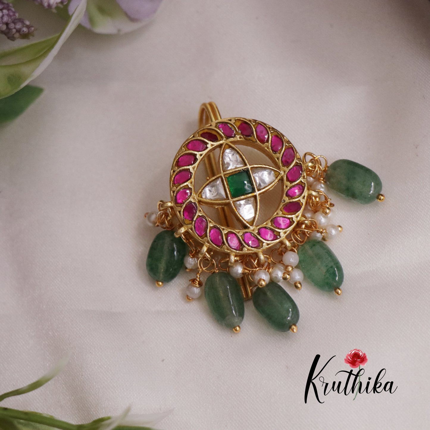 Trendy Jadau Jada Billa with Green Beads Drops J238