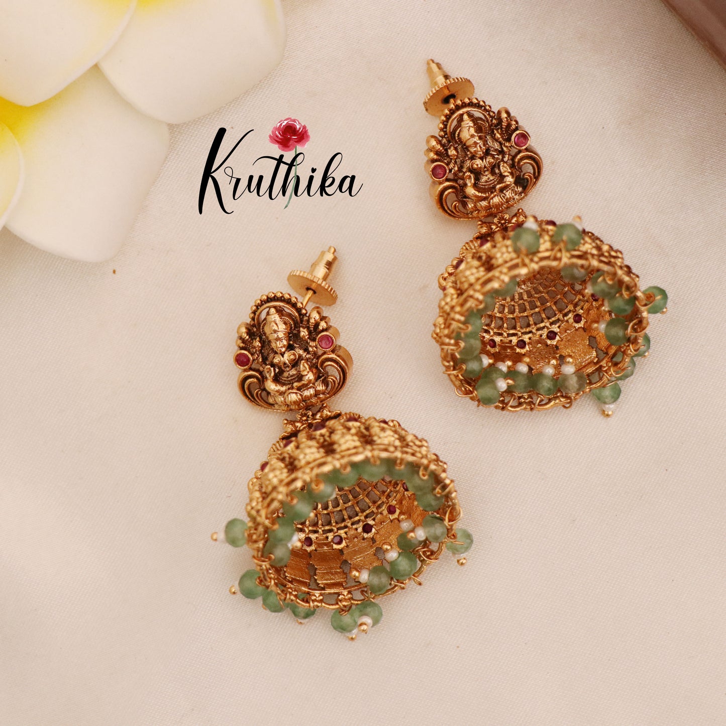 Premium Temple Jhumkas with pastel bead drops E489