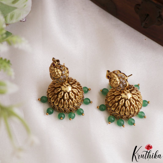 Pretty Peacock Nakshi Earrings With Green Bead Drops E1240