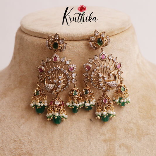 Classic CZ Peacock Triple Jhumkas E626 (Available in 2 Colours)