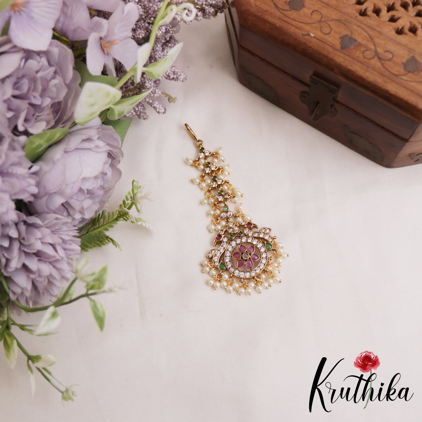 Pretty Floral Peacock Motifs Kemp Maang Tikka With Pearl Drops MT376
